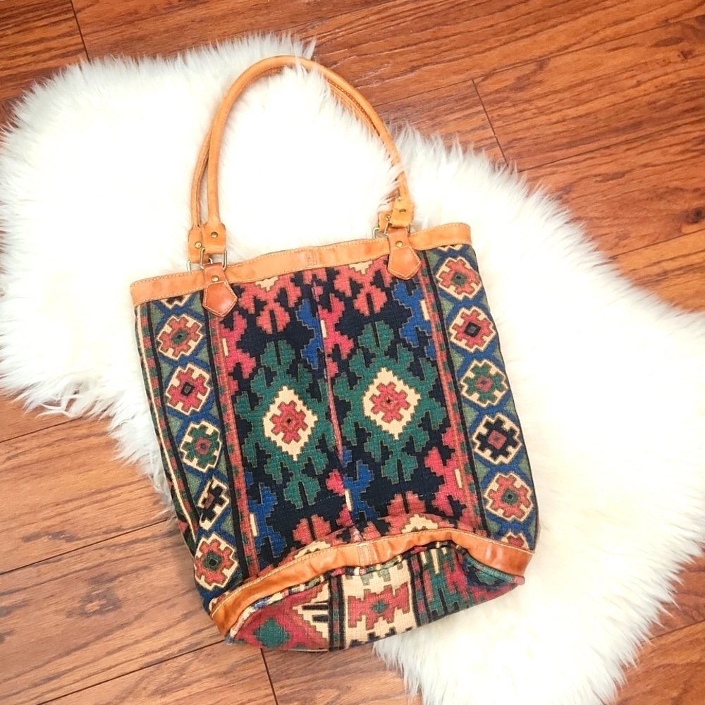 Southwestern Boho Leather Bucket Bag - Picture 1 of 6